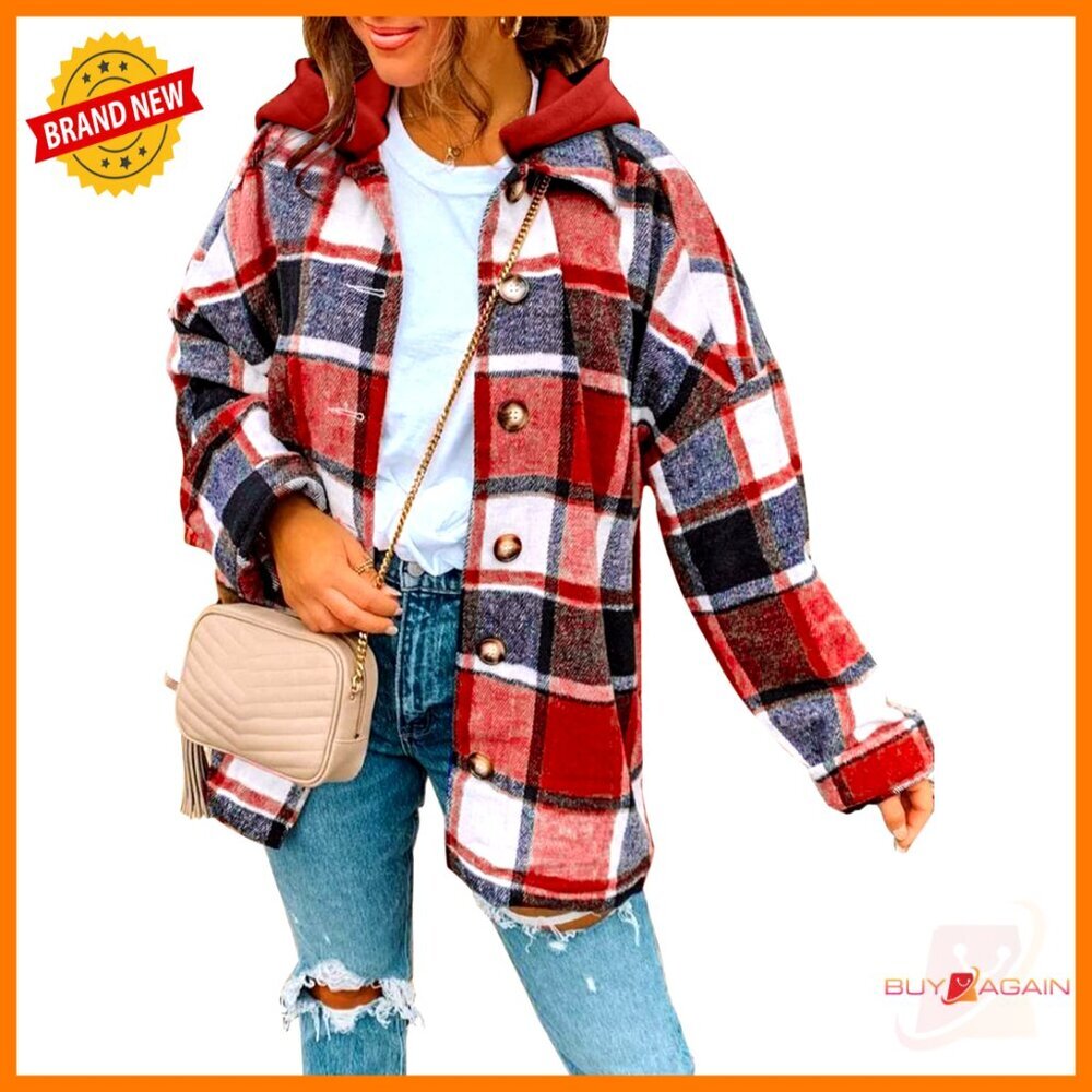 Long Sleeve Plaid Shacket Hooded Oversized Boyfriend Style Button Down Casual